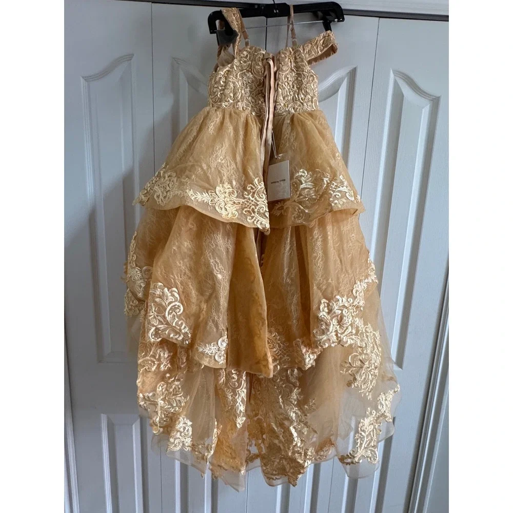Girls Gold Lace Pageant Dress High Low Flower Girl Gown‎ Beaded Tulle Size 8-10